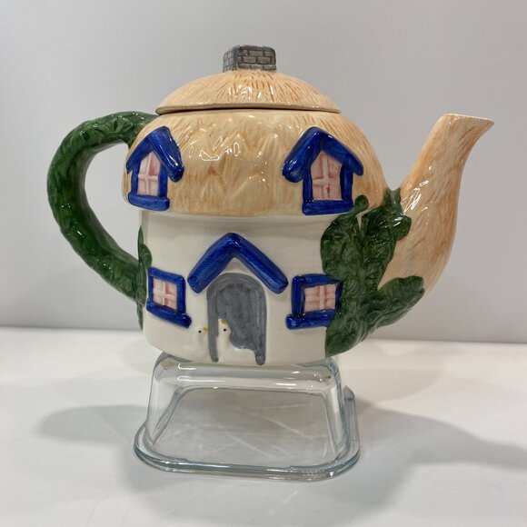 Vintage Ceramic Cottage Tea Pot Hand Painted. (6" H. x. 9" L.  x. 5" W) - Picture 5 of 10